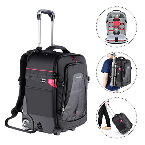 Neewer 2-in-1 Rolling Camera Backpack Trolley Case [Anti-Shock Detachable Padded Compartment, Hidden Pull Bar] - Durable and Waterproof for Camera, Tripod, Flash Light, Lens and Laptop for Air Travel (Black)