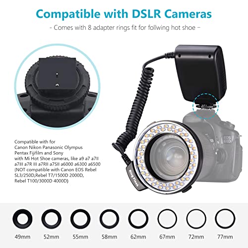 Neewer 48 Macro LED Ring Flash with LCD Display and Power Controls, Adapter Rings, Flash Diffusers for Canon 650D, 600D, 550D, 70D, 60D, 5D and Nikon D5000, D3000, D5100, D3100, D7000, D7100, D800, D800E, D60