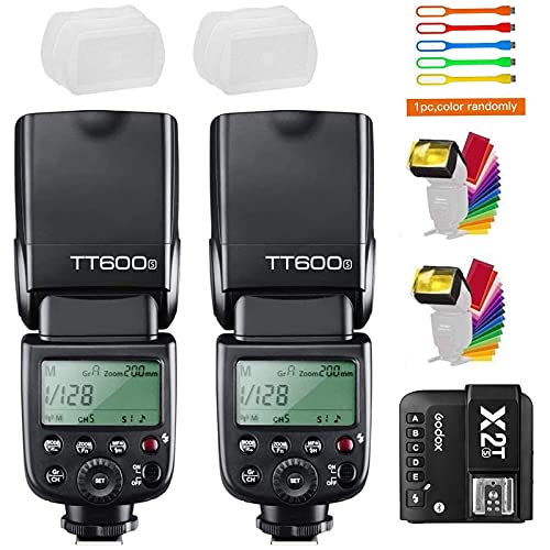 Godox TT600S Flash Speedlite 2-Pack with X2T-S Wireless Trigger and Accessories for Sony Cameras (2 Diffusers, 2 Filters, USB LED) - High-Speed Sync 1/8000s, 2.4G GN60.