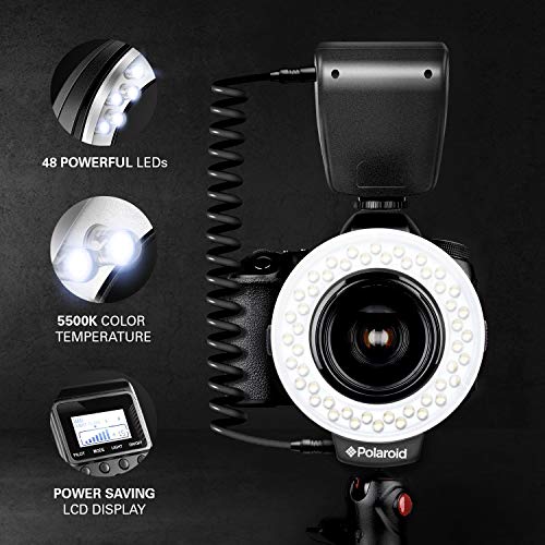 Polaroid 48 Macro LED Ring Flash & Light with 4 Diffusers (Clear, Warming, Blue, White) for Canon, Nikon, Panasonic, Olympus and Pentax SLR Cameras