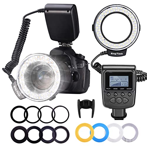 Neewer 48 Macro LED Ring Flash with LCD Display and Power Controls, Adapter Rings, Flash Diffusers for Canon 650D, 600D, 550D, 70D, 60D, 5D and Nikon D5000, D3000, D5100, D3100, D7000, D7100, D800, D800E, D60