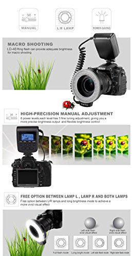 Lightdow 48-Piece Macro LED Ring Flash Light with LCD Screen Display for Canon, Nikon, and Sony DSLR Cameras