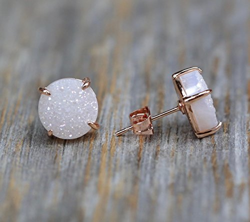 White Druzy Gemstone 10mm Stud Earrings (Rose Gold) for Women - Gift Idea