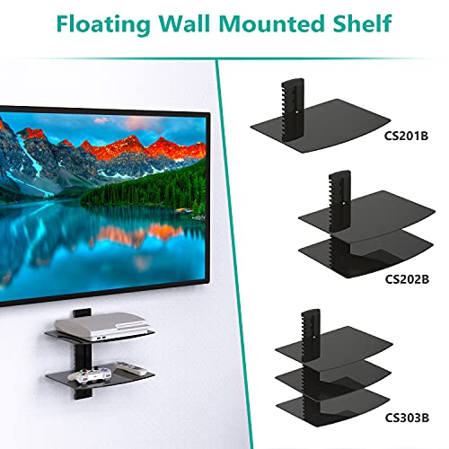 WALI CS202B Wall Mounted Shelf with Tempered Glass (for DVDs, Cable Boxes, Consoles, Accessories) - 2 Shelves, Black