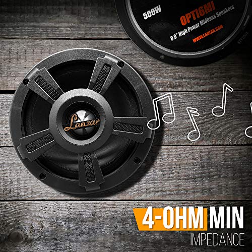 Lanzar OPTI6MI 6.5" High-Power MidBass Speaker (500W Peak, 30 Oz Magnet, 4 Ohm) - Frequency Response 105Hz - 12kHz