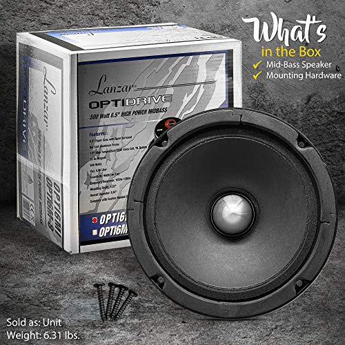 Lanzar OPTI6MI 6.5" High-Power MidBass Speaker (500W Peak, 30 Oz Magnet, 4 Ohm) - Frequency Response 105Hz - 12kHz